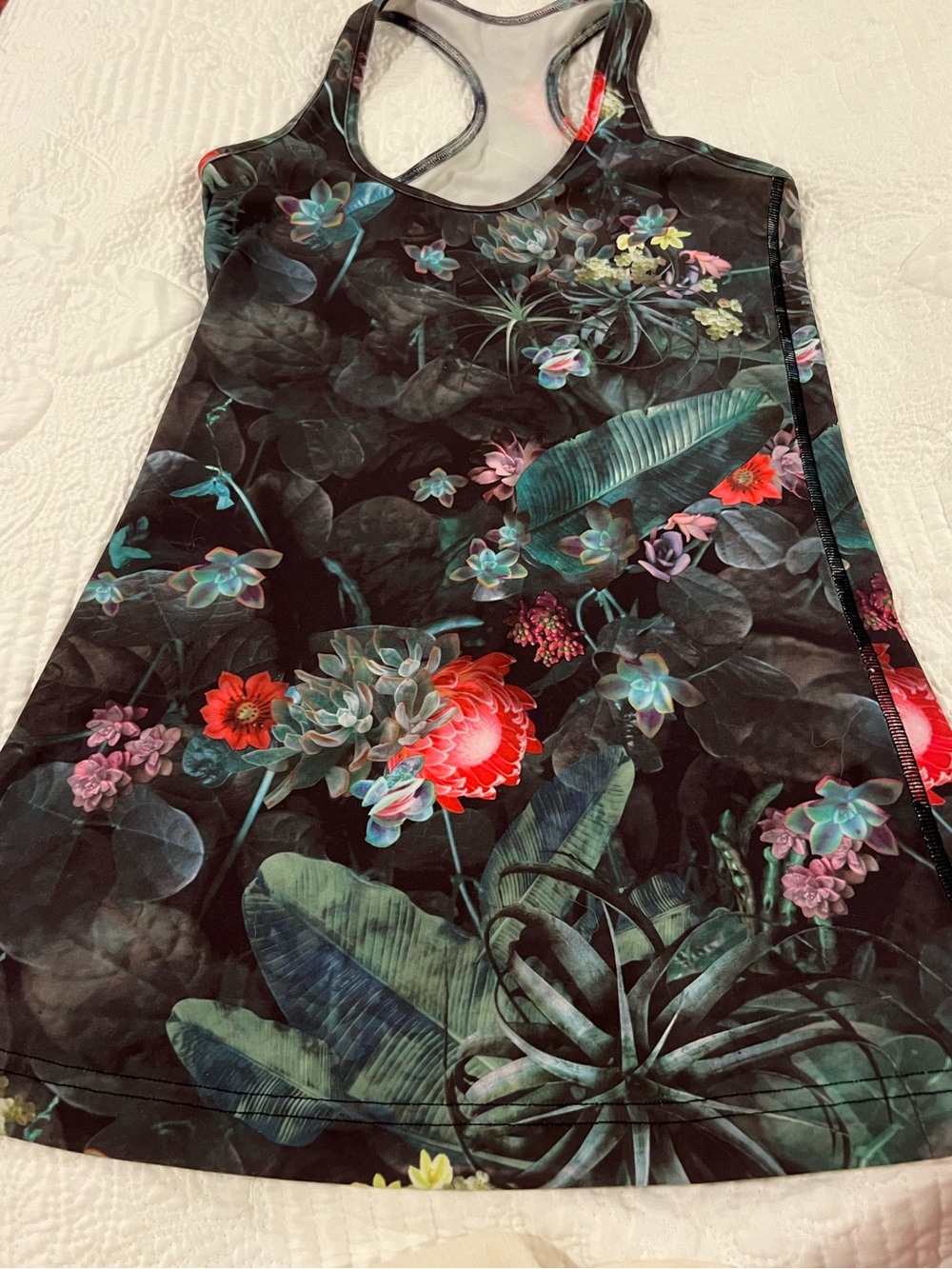 A Lululemon Tropical Racerback Tank Top - Black with Green & Pink Accents